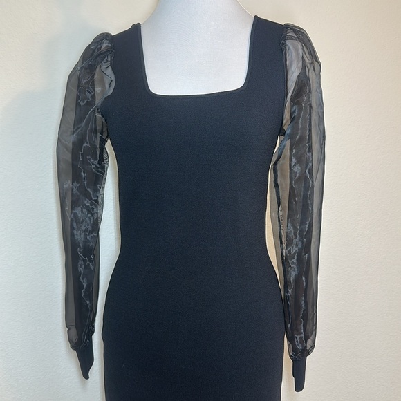 House of Harlow 1960 Bodycon Scoop Neck Knit Chiffon Sleeve Black Cocktail Dress - Picture 2 of 15